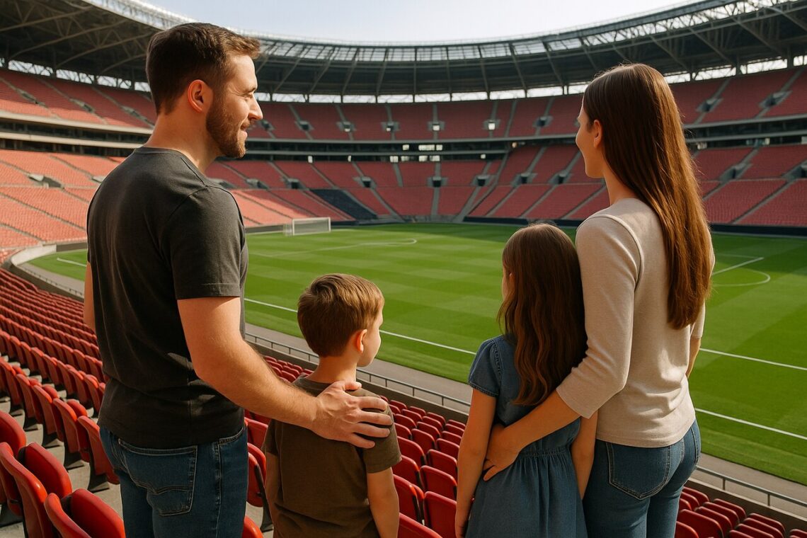 rodzinne zwiedzanie stadionów. Rodzina na tle stadionów